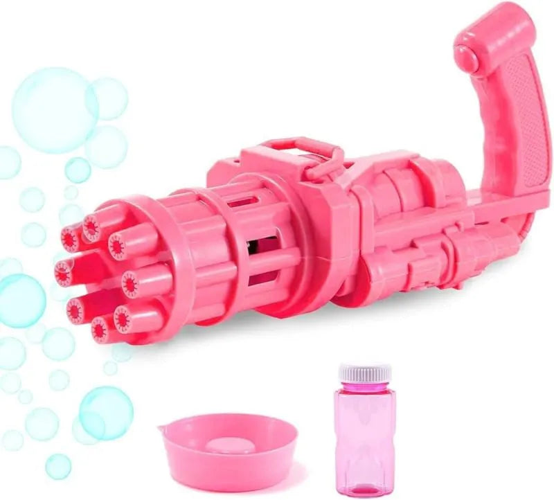 Kids handheld bubble machine gun toy in pink, gold, or black colours with removable bubble head.
