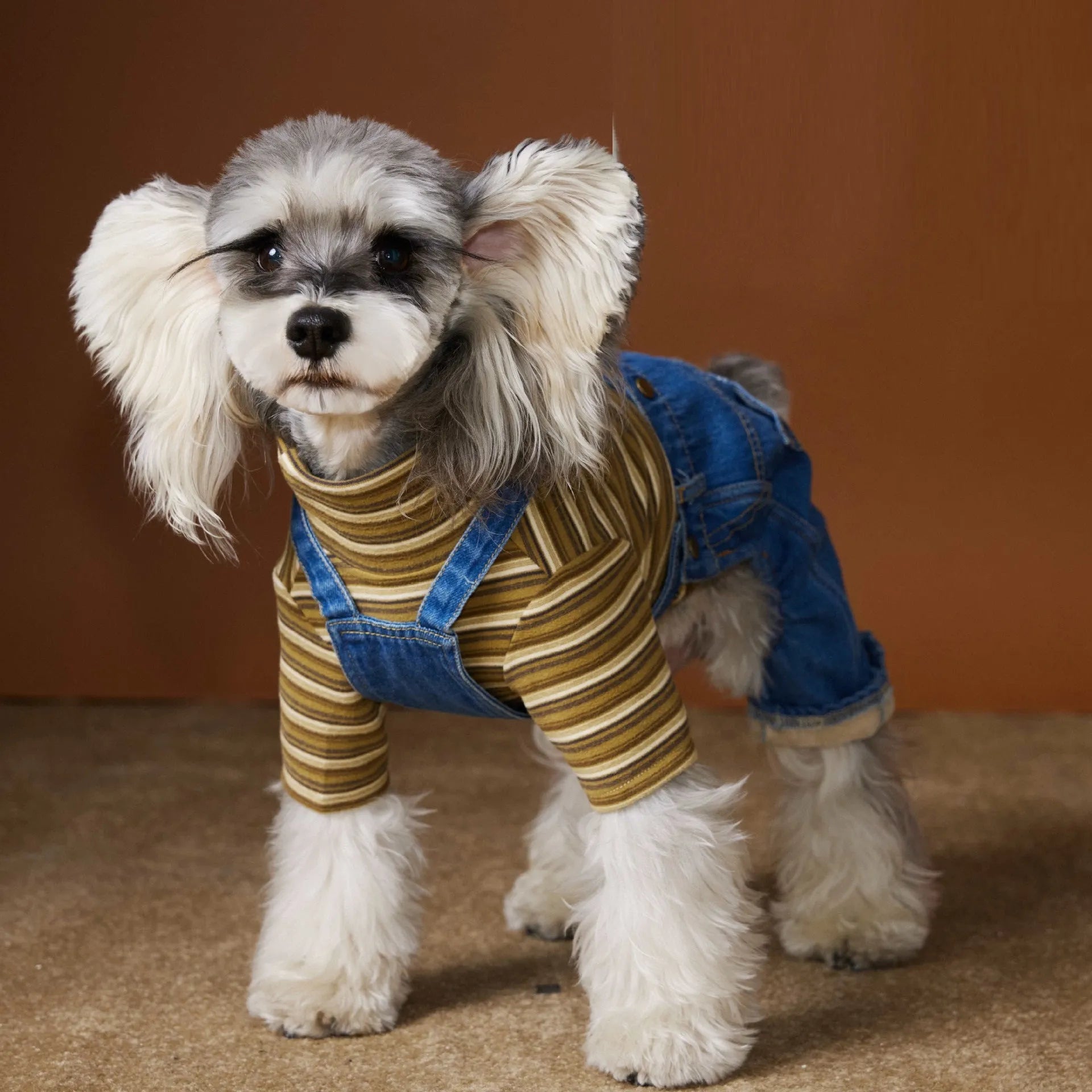 Denim blue fleece-lined thickened dog jeans for autumn winter pet wear with polar fleece interior