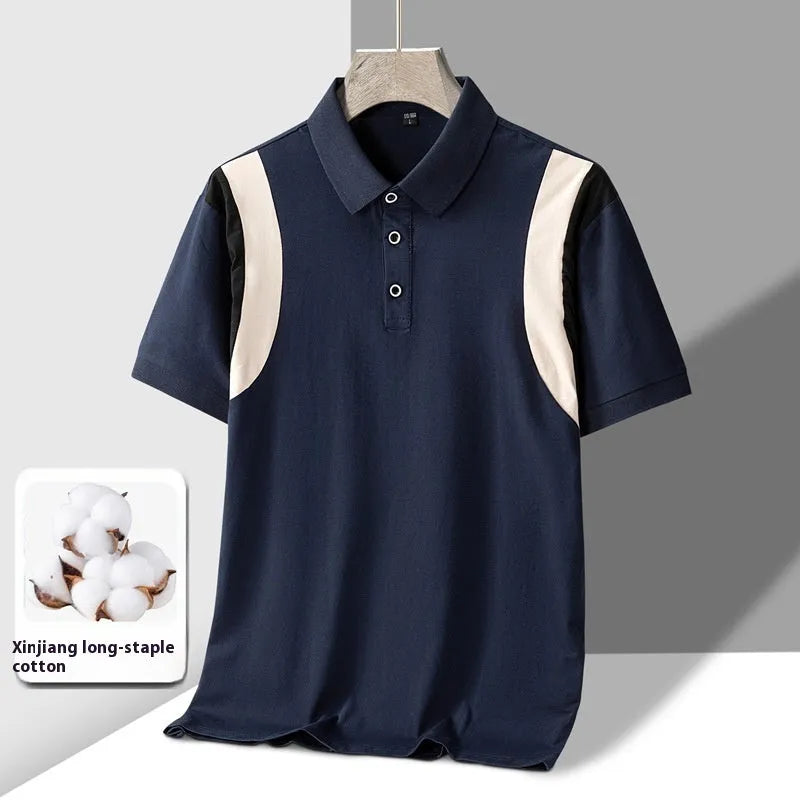 Men's striped business lapel short-sleeved t-shirt in thin cotton fabric, Korean loose fit