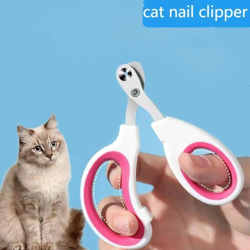 Cat nail clippers with circular hole design in blue, orange, and pink colours