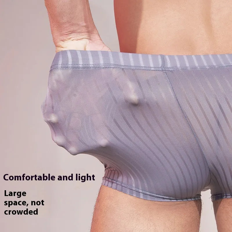Men's striped thin nylon underwear in black, shown flat.