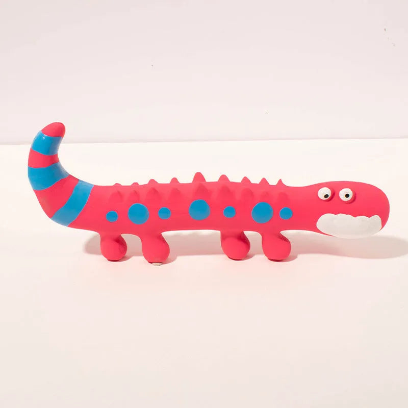 Green cartoon lizard-shaped dog chew toy with squeaker for aggressive chewers