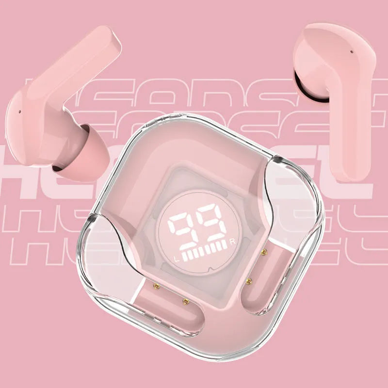 White wireless Bluetooth TWS in-ear headphones with a plastic case on a neutral background.