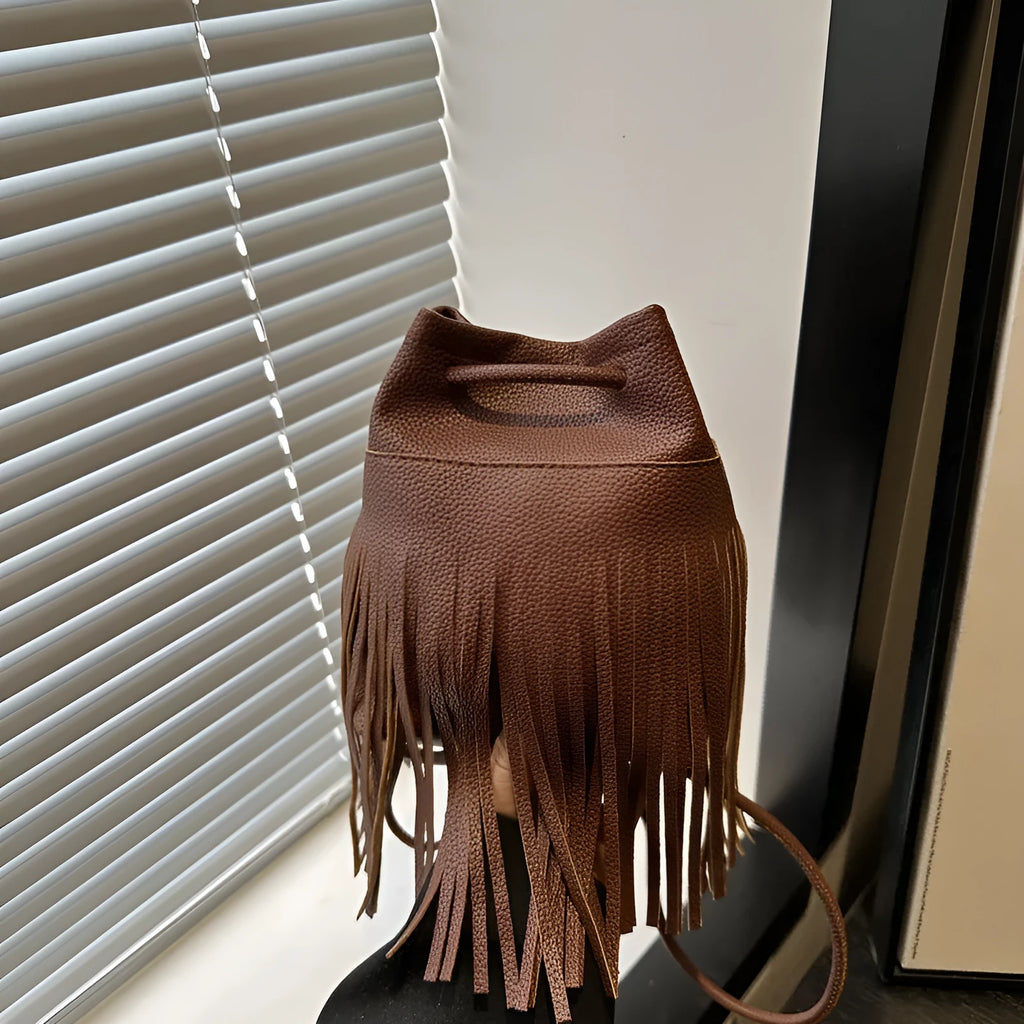 Women's soft leather tassel small satchel in bucket shape with open pocket, five colour options