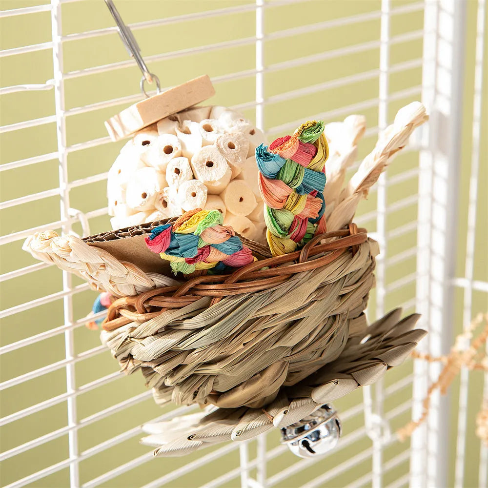Parrot gnawing molar chew toy with wooden beads, rope, and metal bells in three configuration options