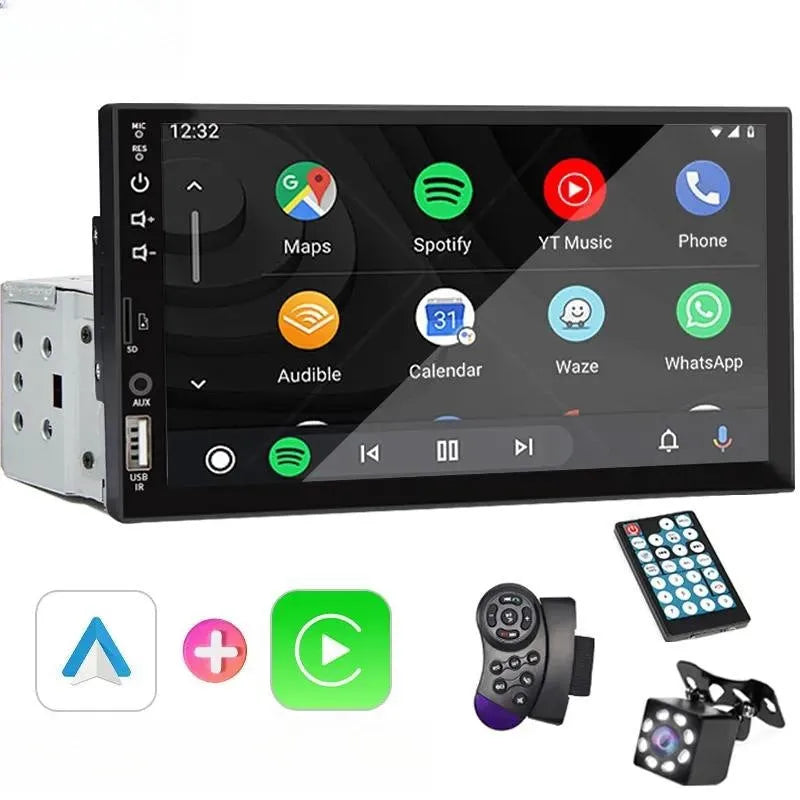 7-inch vehicle MP5 player with LED screen showing Carplay interface, wired and wireless smartphone connection option