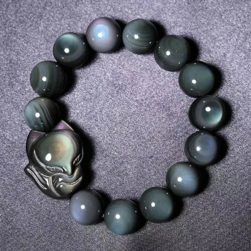 Obsidian fox carved bracelet unisex natural stone beads 10MM to 16MM