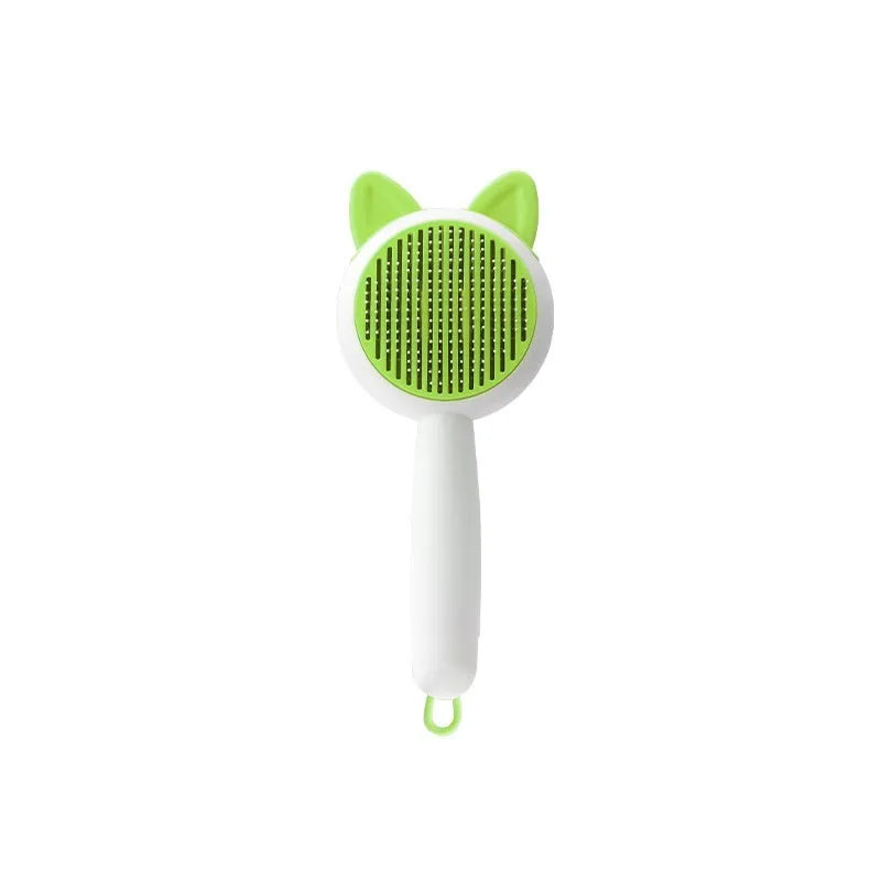 Self-cleaning cat comb with stainless steel bristles and TPR massage tips in greenish white colour