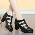 Women's beige closed toe sandals with chunky heel, woven pattern, buckle ankle strap, and back zipper.
