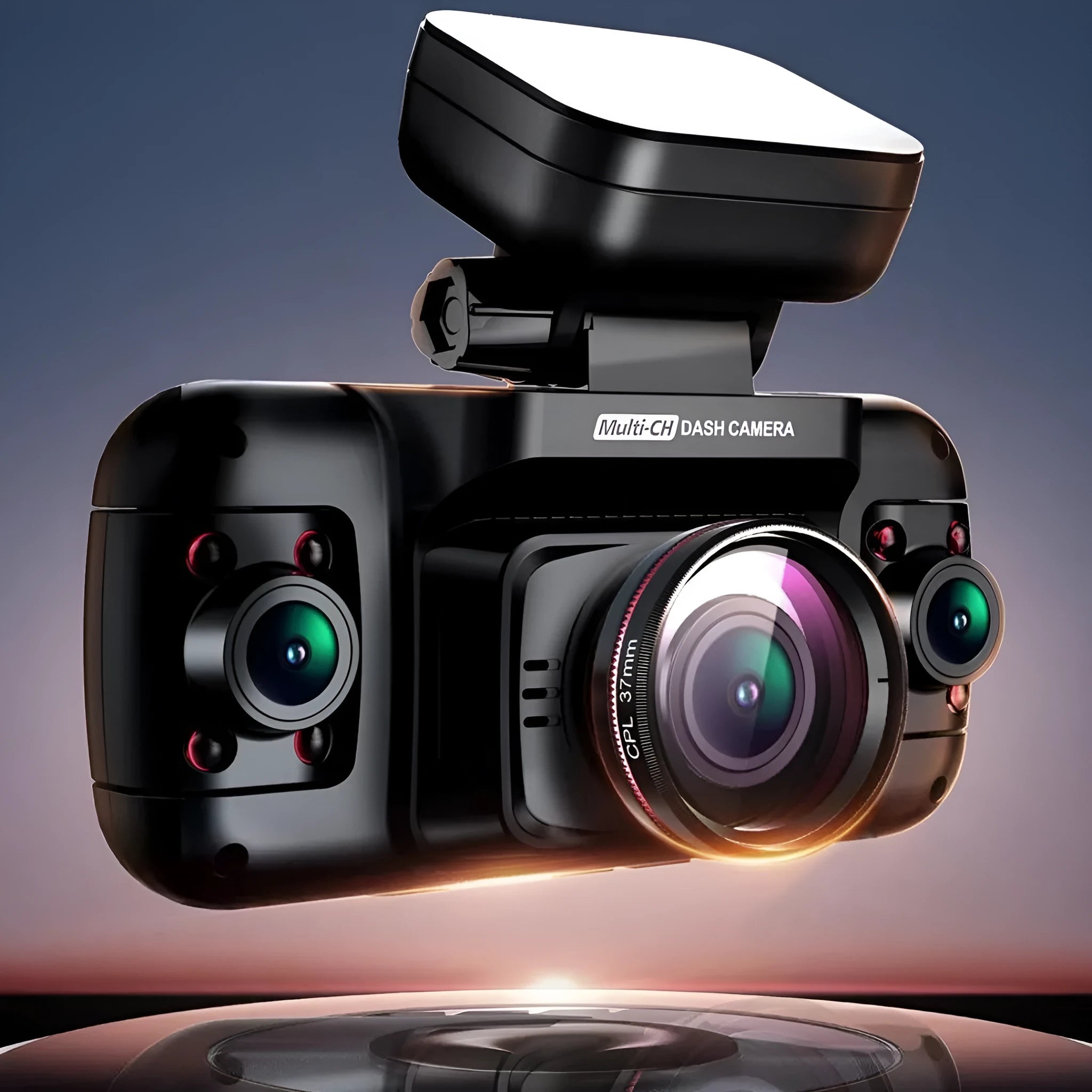 Multi-lens car dashboard camera with 2-inch screen and compact plastic housing for vehicle recording