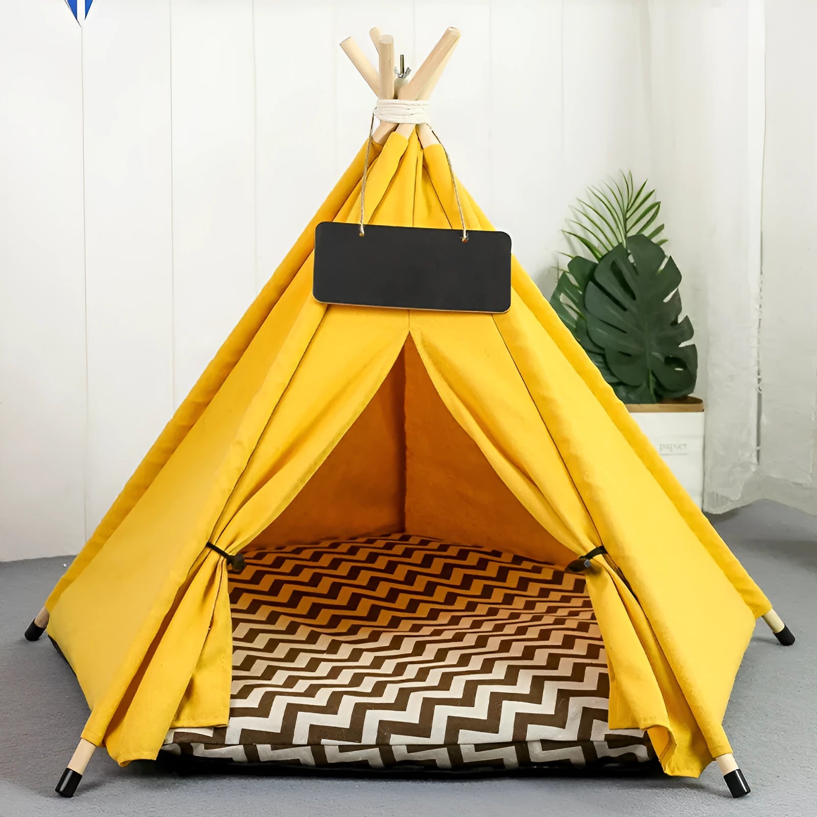 Portable pet teepee tent with cushion for small dogs cats rabbits in linen material