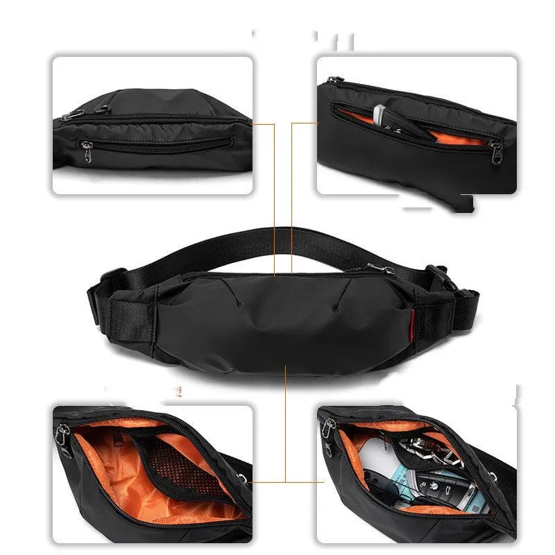 Men's black Oxford cloth crossbody waist pack showing interior phone and ID pockets
