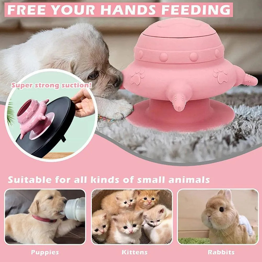 Pink silicone pet nursing bottle with bionic teat and wide base for feeding puppies and kittens.