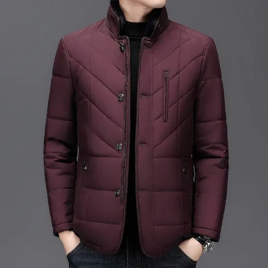 Men's dark blue cotton-padded winter coat with side seam pockets