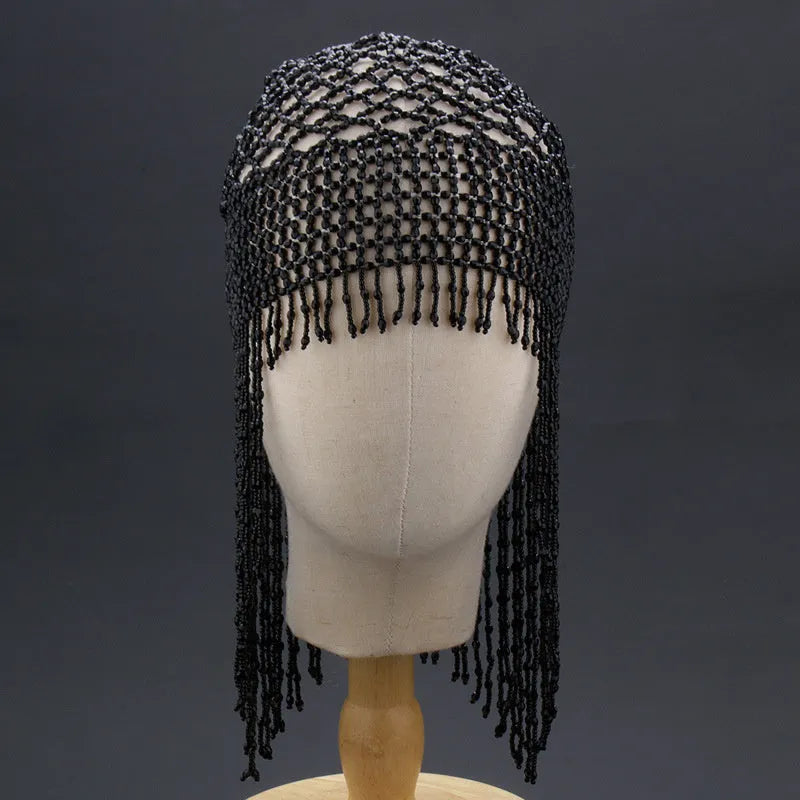 Handmade alloy belly dance hat with beaded tassels in silver or black mesh for women