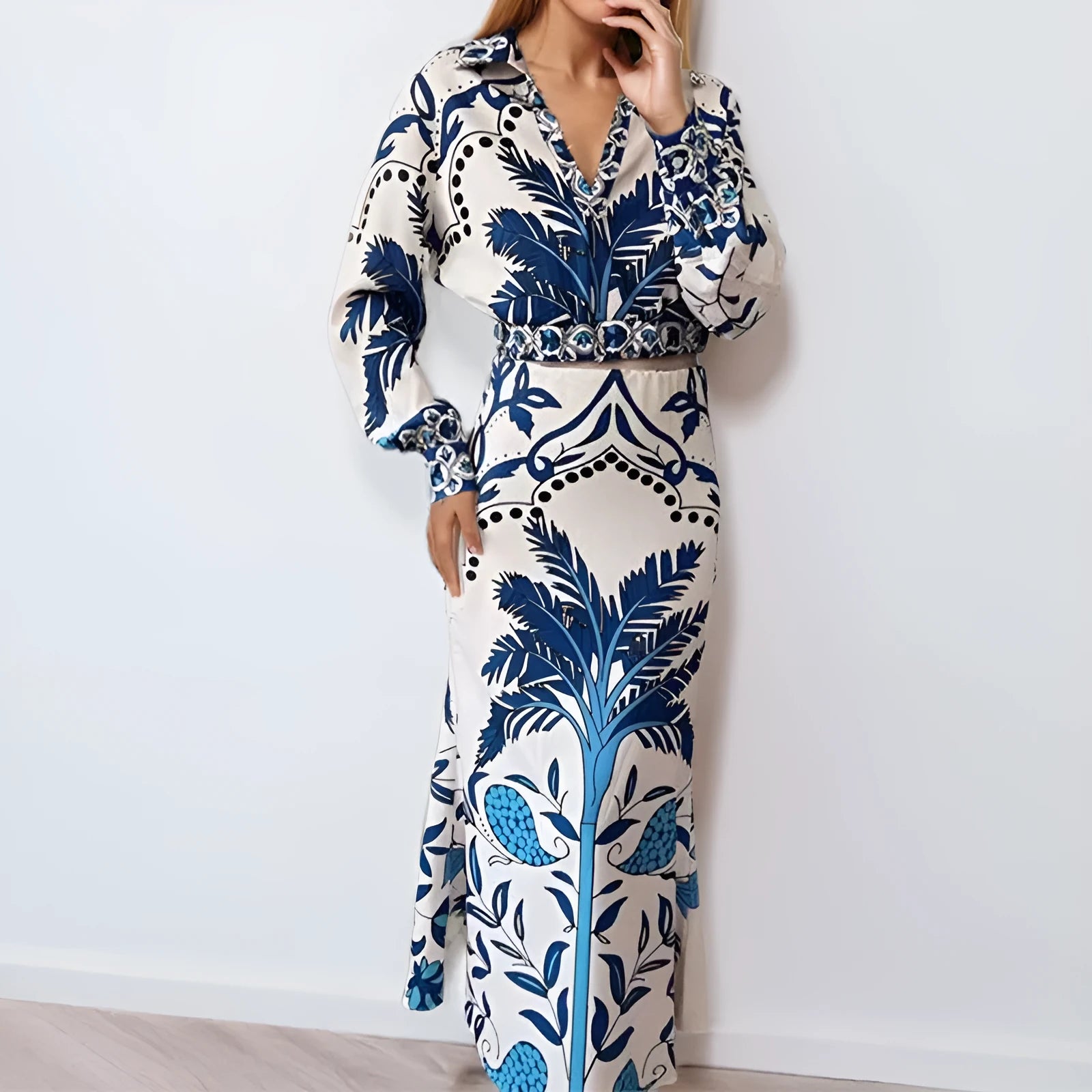 Women's picture colour polyester long-sleeve top and long skirt two-piece casual co-ord set