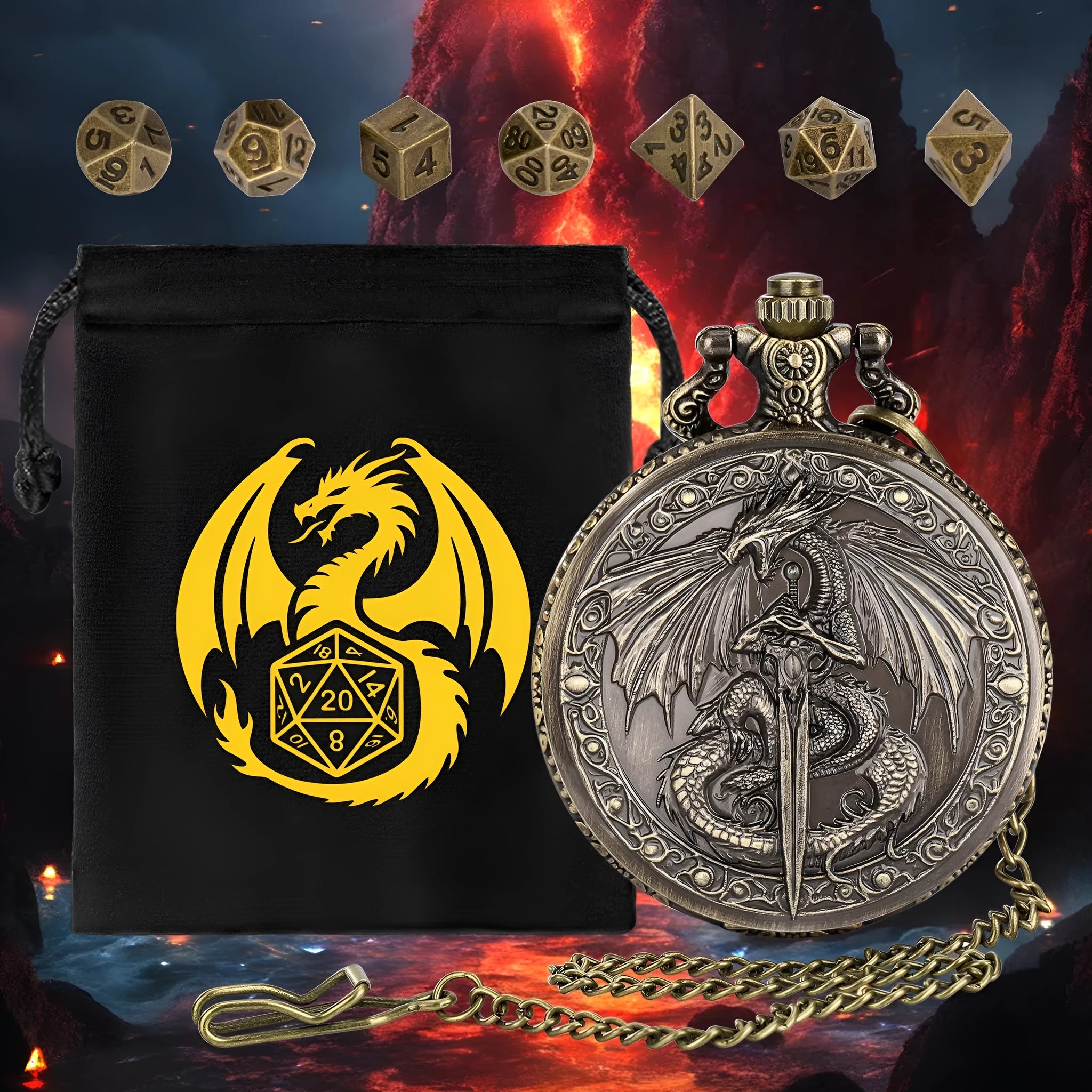 Zinc alloy DND dice storage case with winged beast relief, 5 cm size, in bronze finish