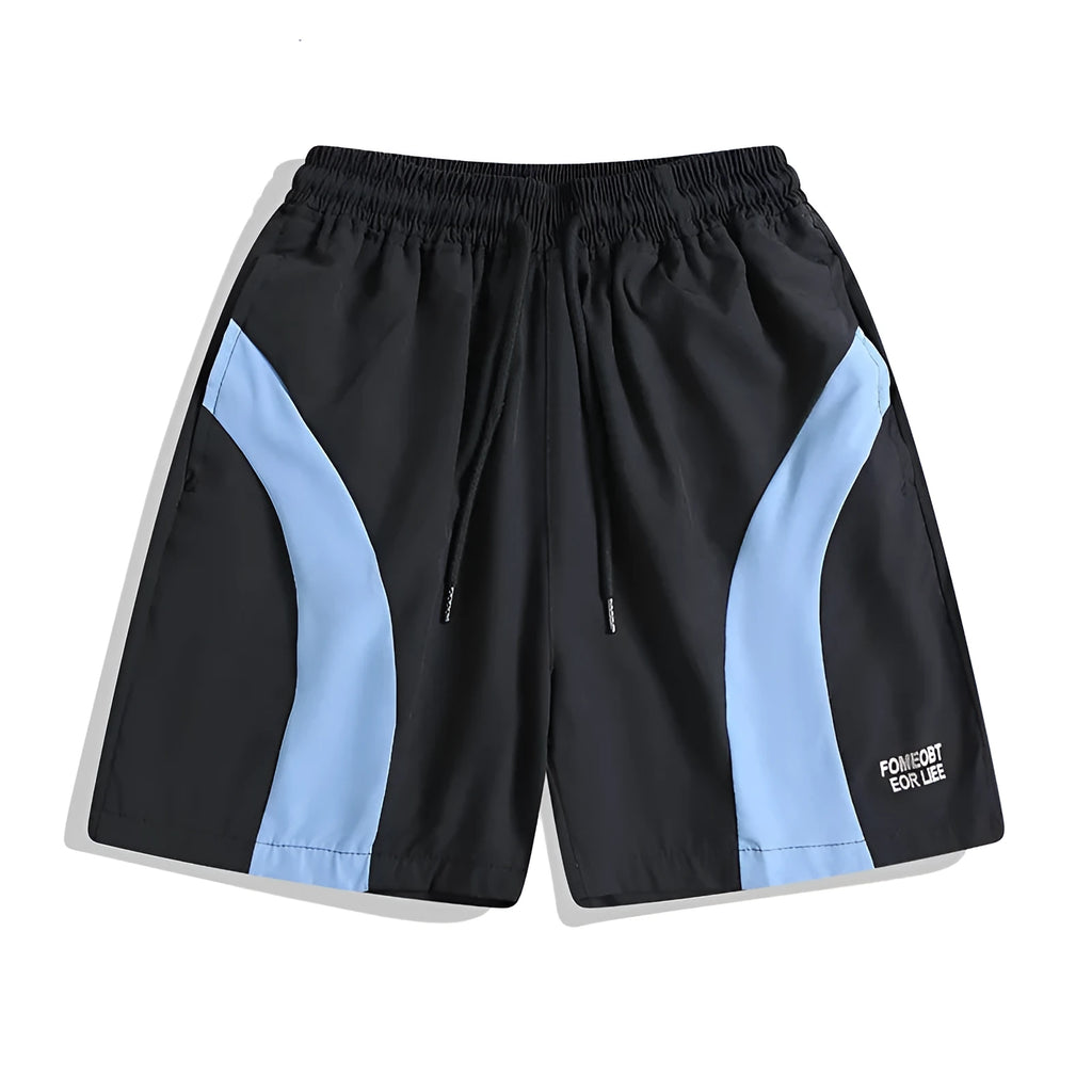 Black and grey quick-drying sports shorts with elastic waistband and loose fit for training