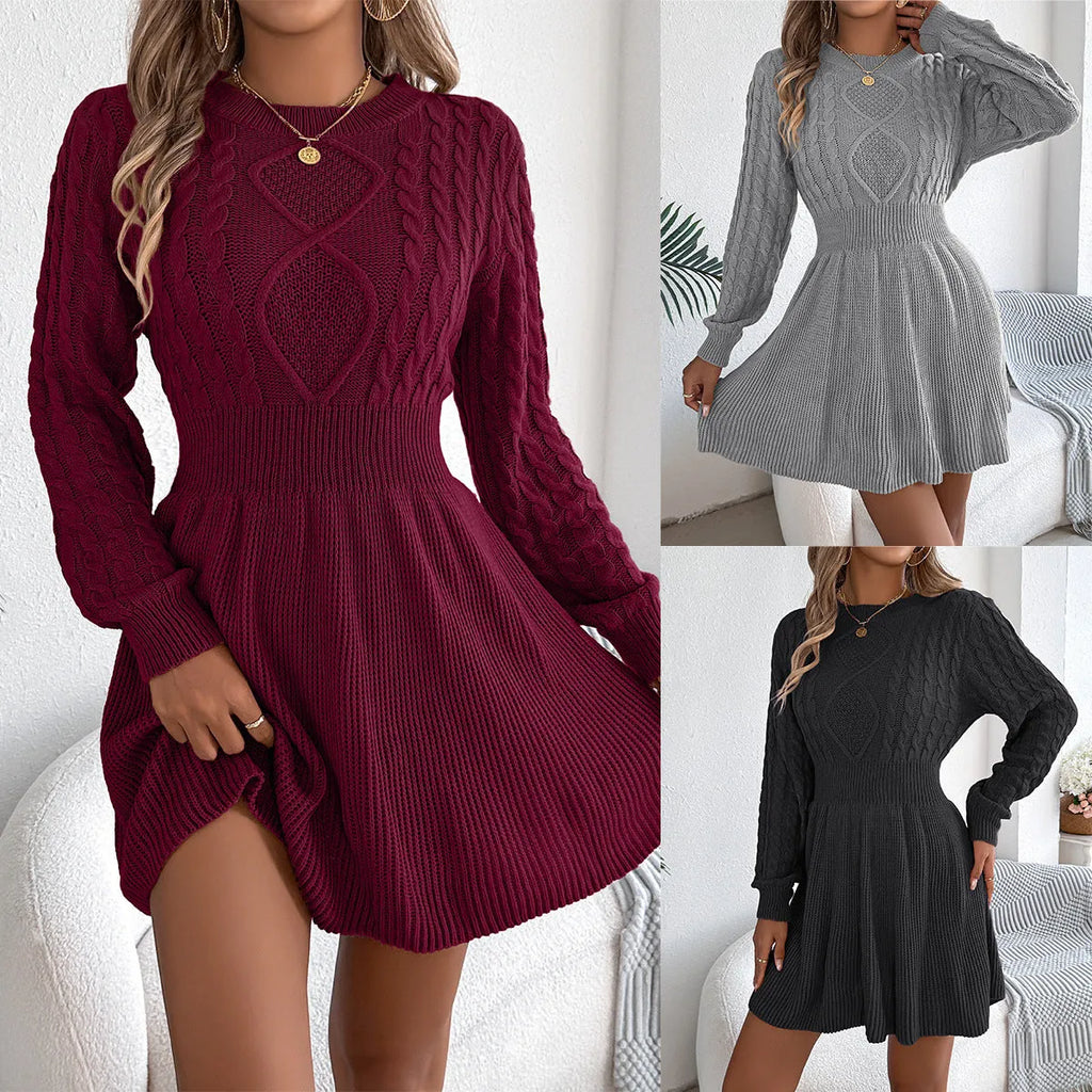 Women's black lantern sleeve sweater dress with a twisted elastic waistband.