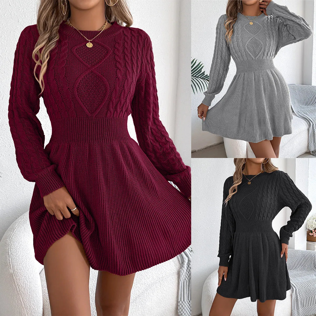 Women's black lantern sleeve sweater dress with a twisted elastic waistband.