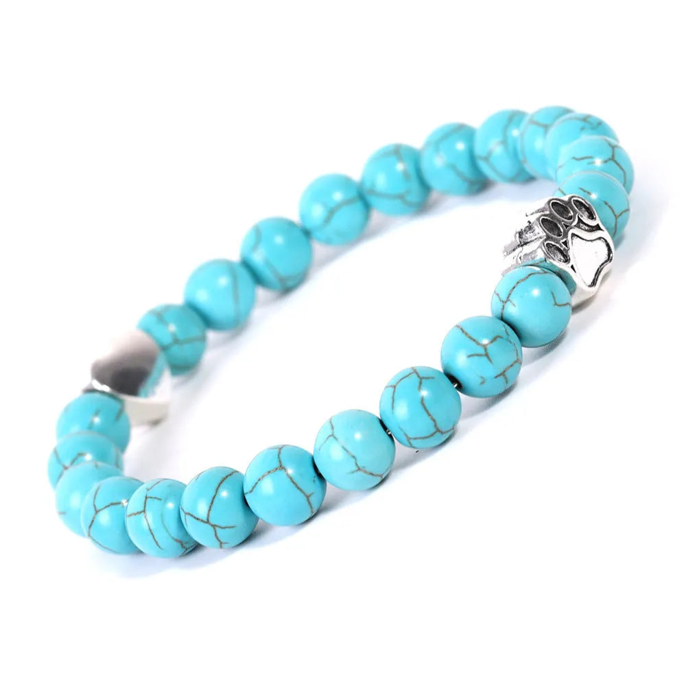 Tigereye and Indian agate stone bead bracelet with a central dog's paw or love heart charm.