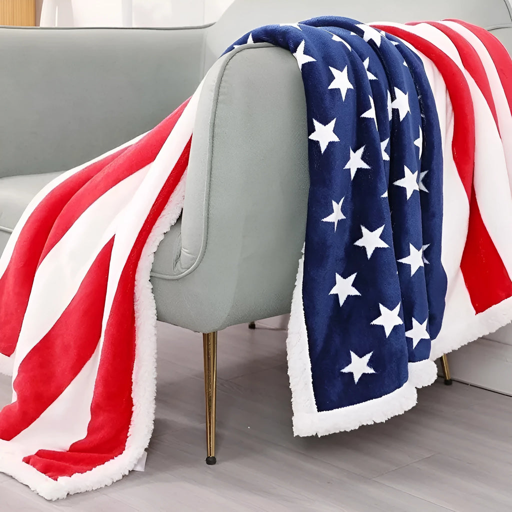 British style striped polyester throw blanket with lambswool pattern, shown in three sizes.