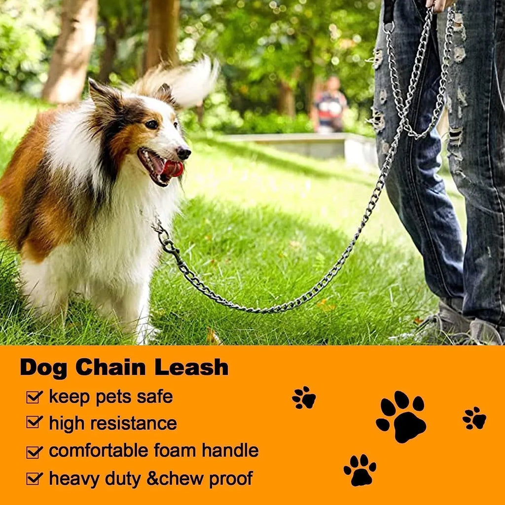 Heavy duty metal dog leash chain with a soft black padded handle