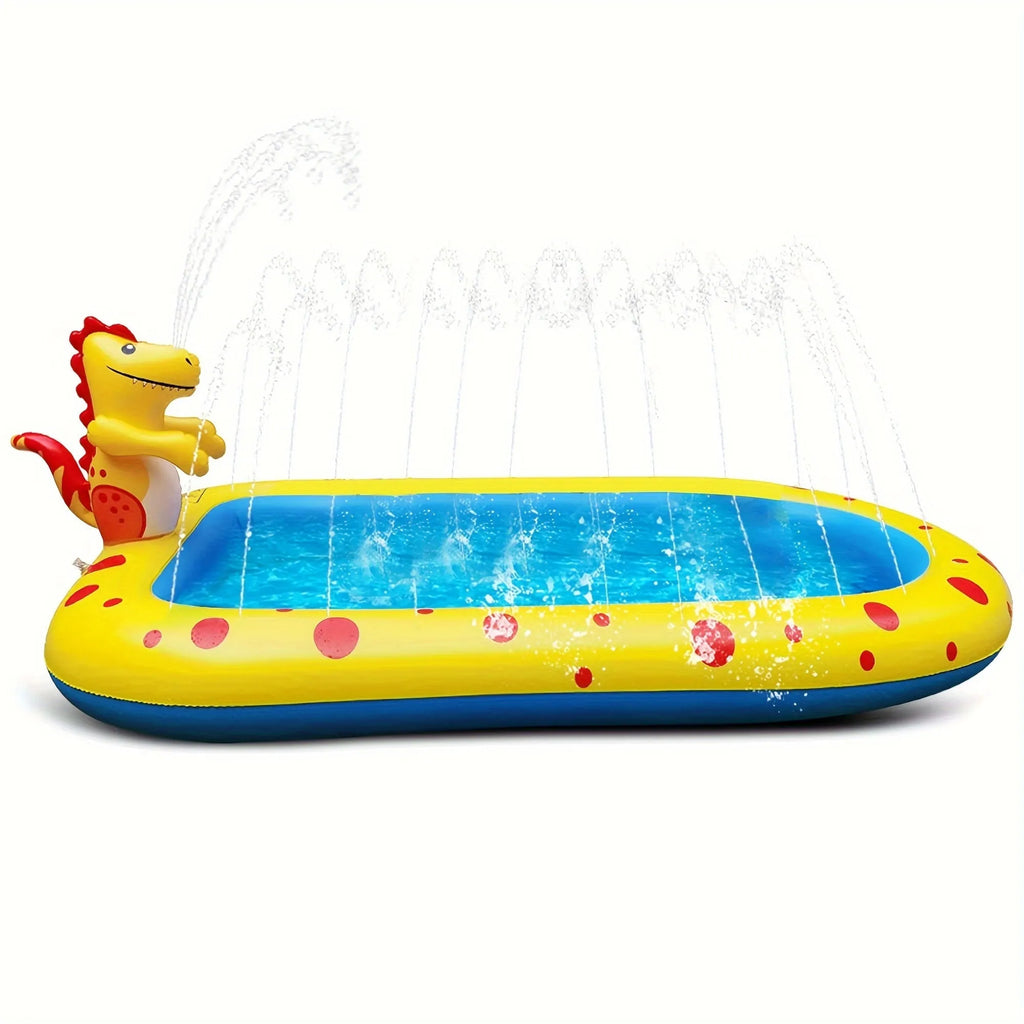Large blue inflatable kids pool with dinosaur water spray and separate shark pool section