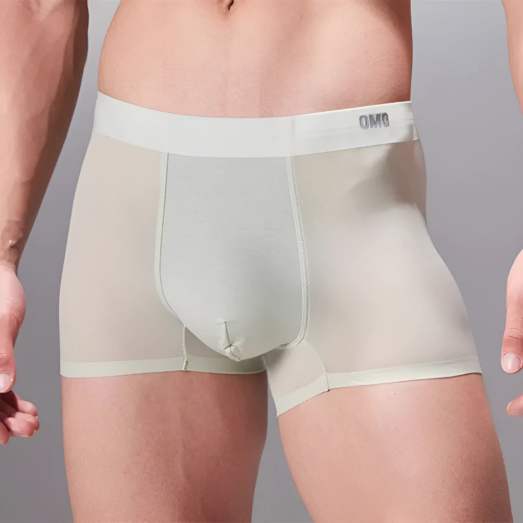 Men's seamless antibacterial fitness underwear shorts in a polyamide spandex blend on a grey background.