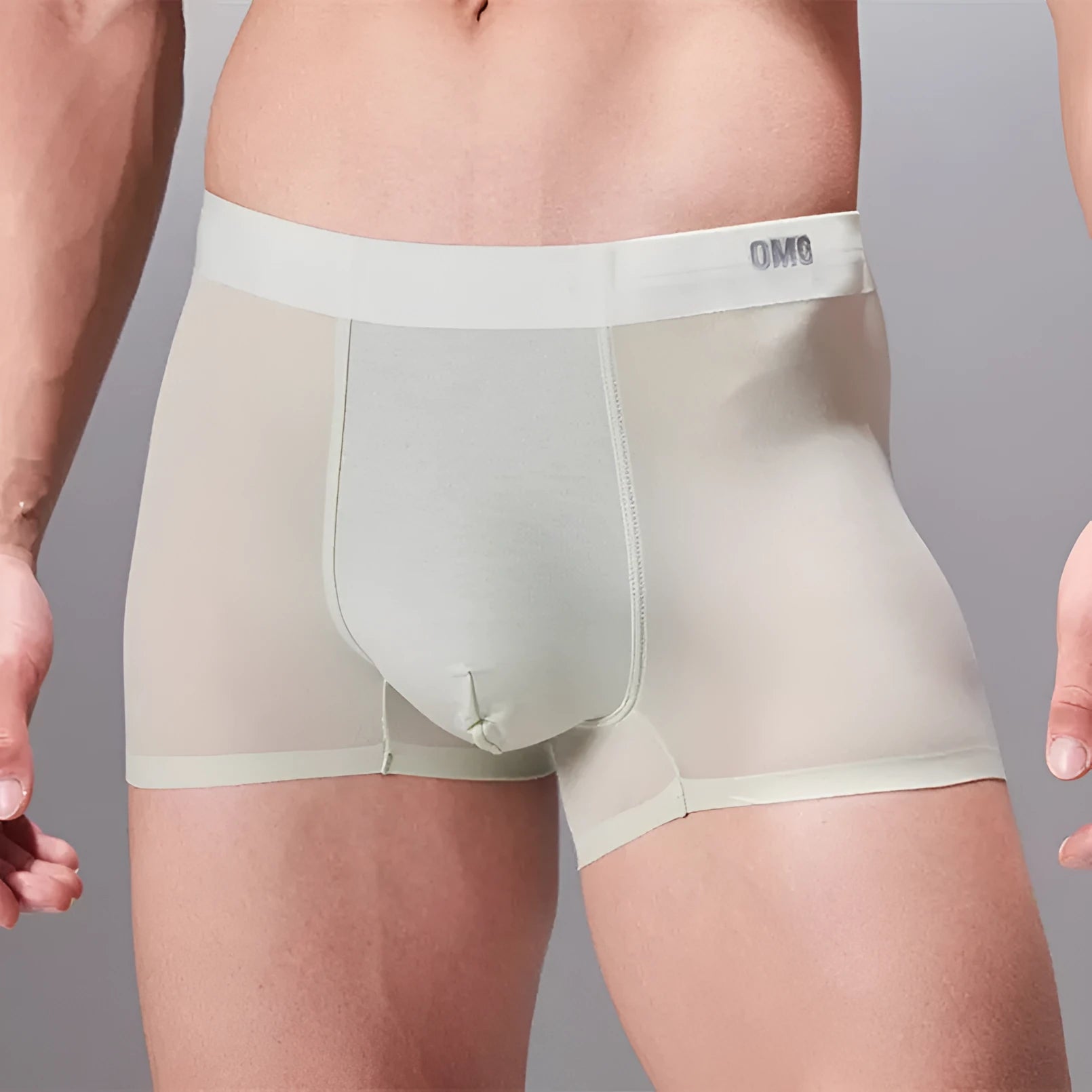 Men's seamless antibacterial fitness underwear shorts in a polyamide spandex blend on a grey background.