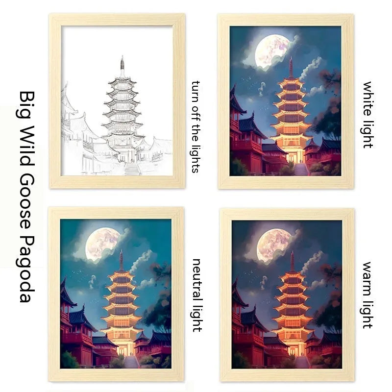 LED illuminated picture frame night lamp showing landscape design with USB cable connection