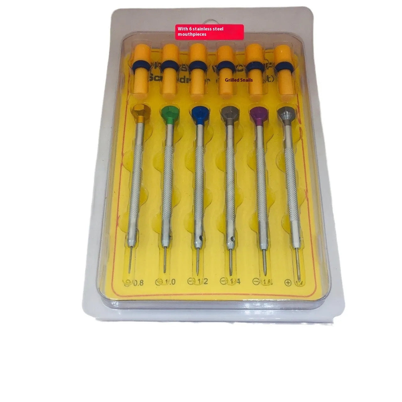 6 coloured aluminium-handled watch screwdrivers with spring steel cutter heads for children's watch repair
