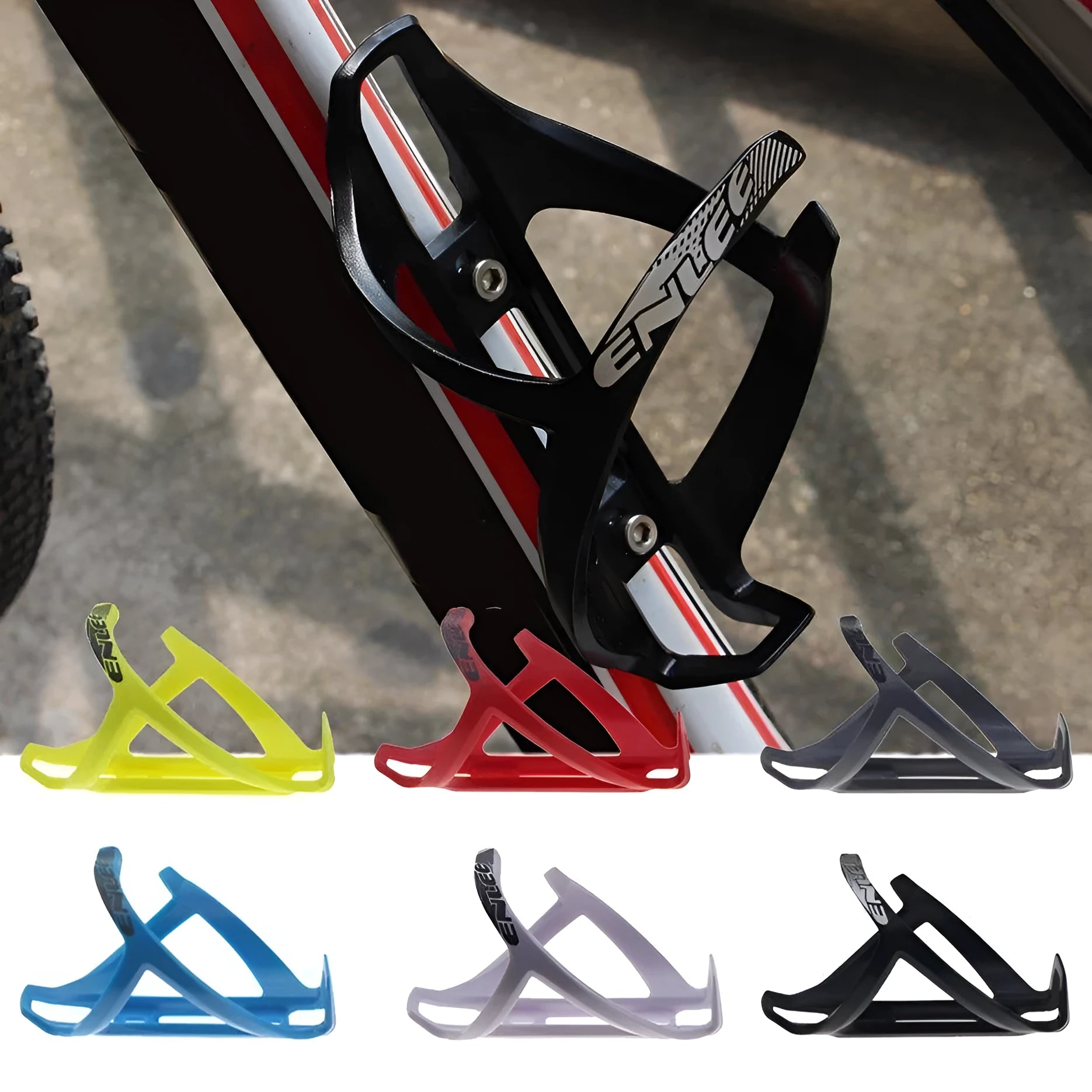 Mountain bike water bottle cage with TPR plastic construction and PVC toughness in multiple colour options