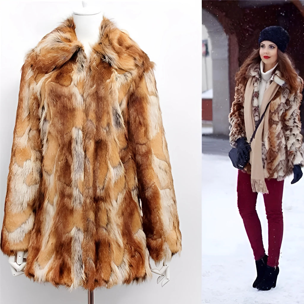 Women's slim-fit tiger pattern faux fur leather jacket on a hanger, showing long sleeves and medium length.