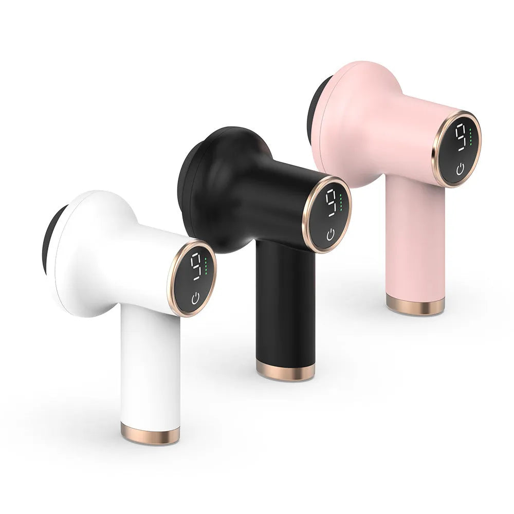 White mini portable wireless charging massage gun with brushed motor and ABS body