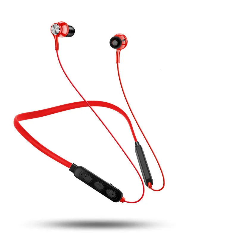 Sports neckband Bluetooth earphones in black, red, or white colours with secure neckband design