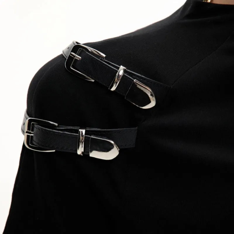 Men's black cotton T-shirt with metal belt design detail and stand-up collar in slim fit