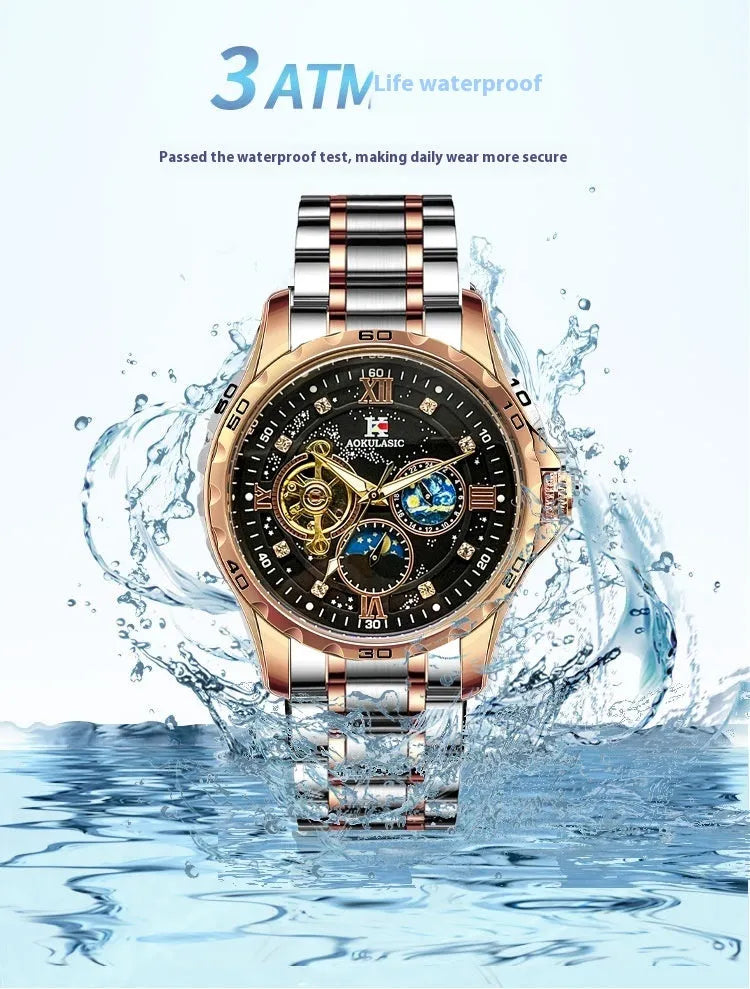 Automatic mechanical men's watch with rose gold shell and black dial surface