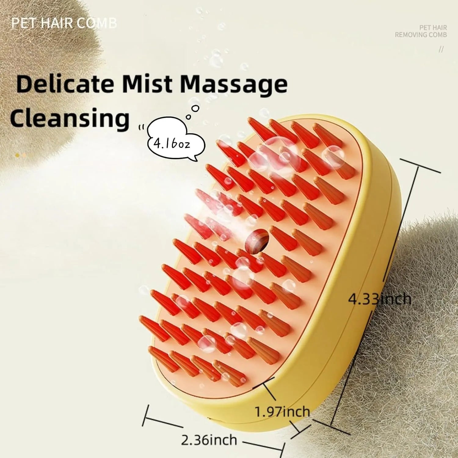 White and yellow silicone steam pet brush for grooming dogs and cats with a water tank.