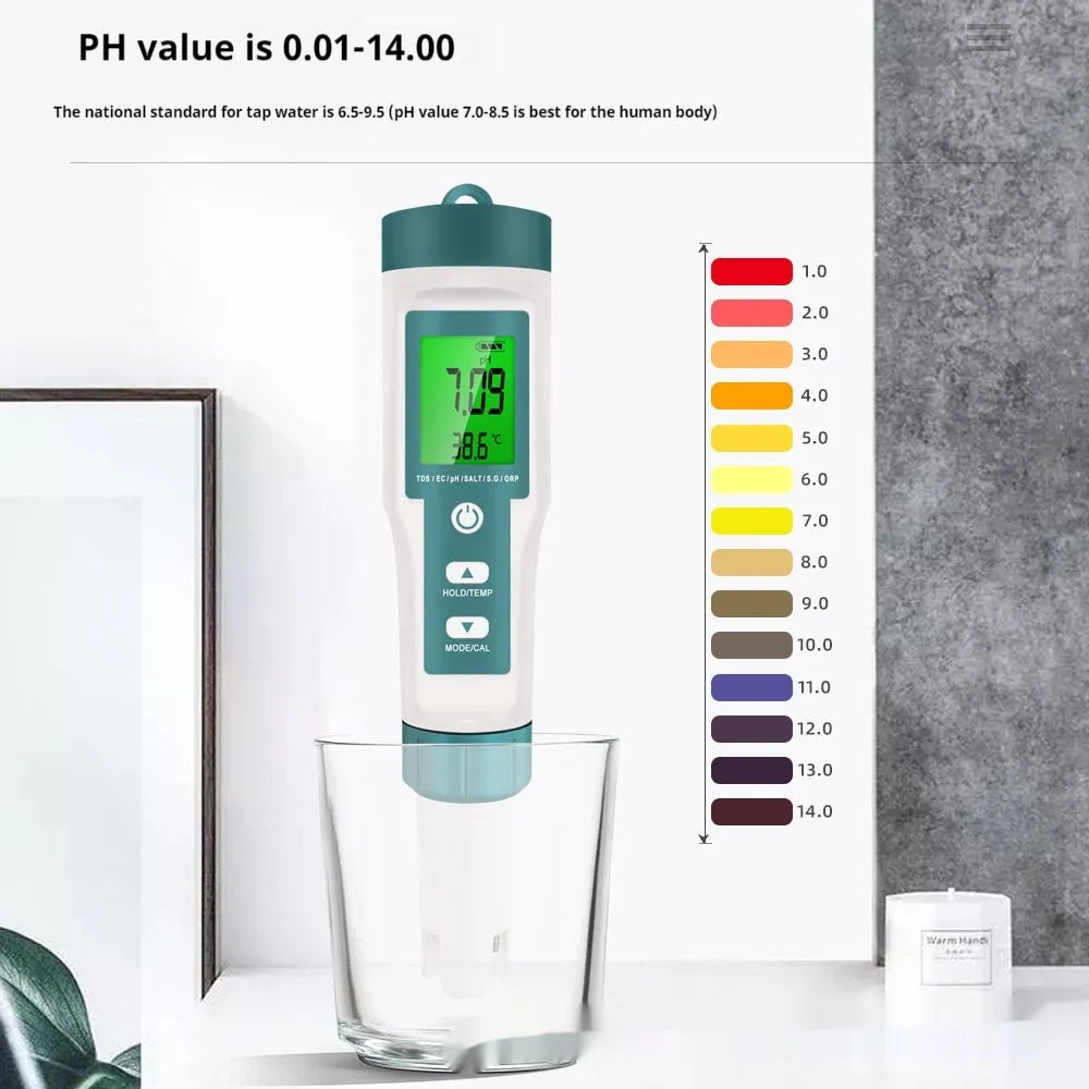 7-in-1 water quality test pen with plastic body, TDS and pH detector, 183x37x37mm