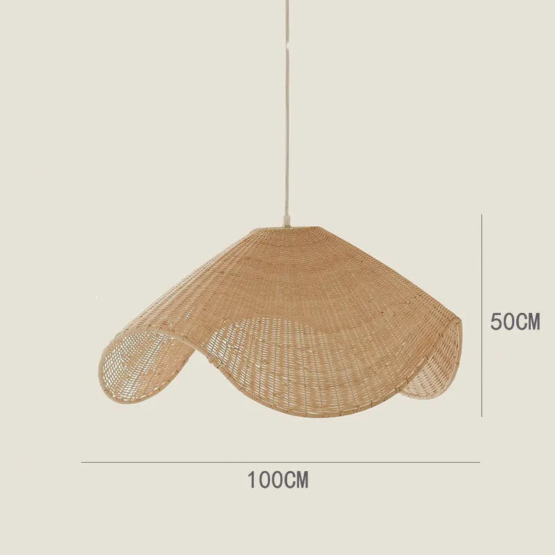 Handwoven straw rattan and willow bamboo pendant ceiling lamp with warm white LED light.