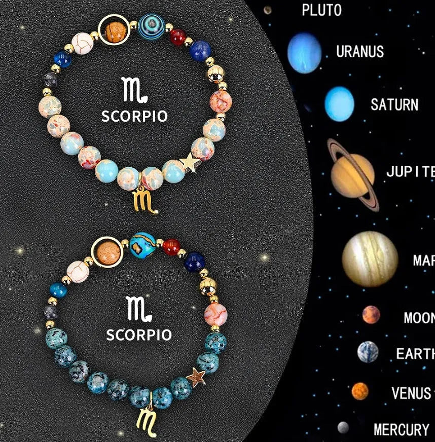 Set of two natural stone beaded bracelets showing zodiac sign charms on a wooden surface.