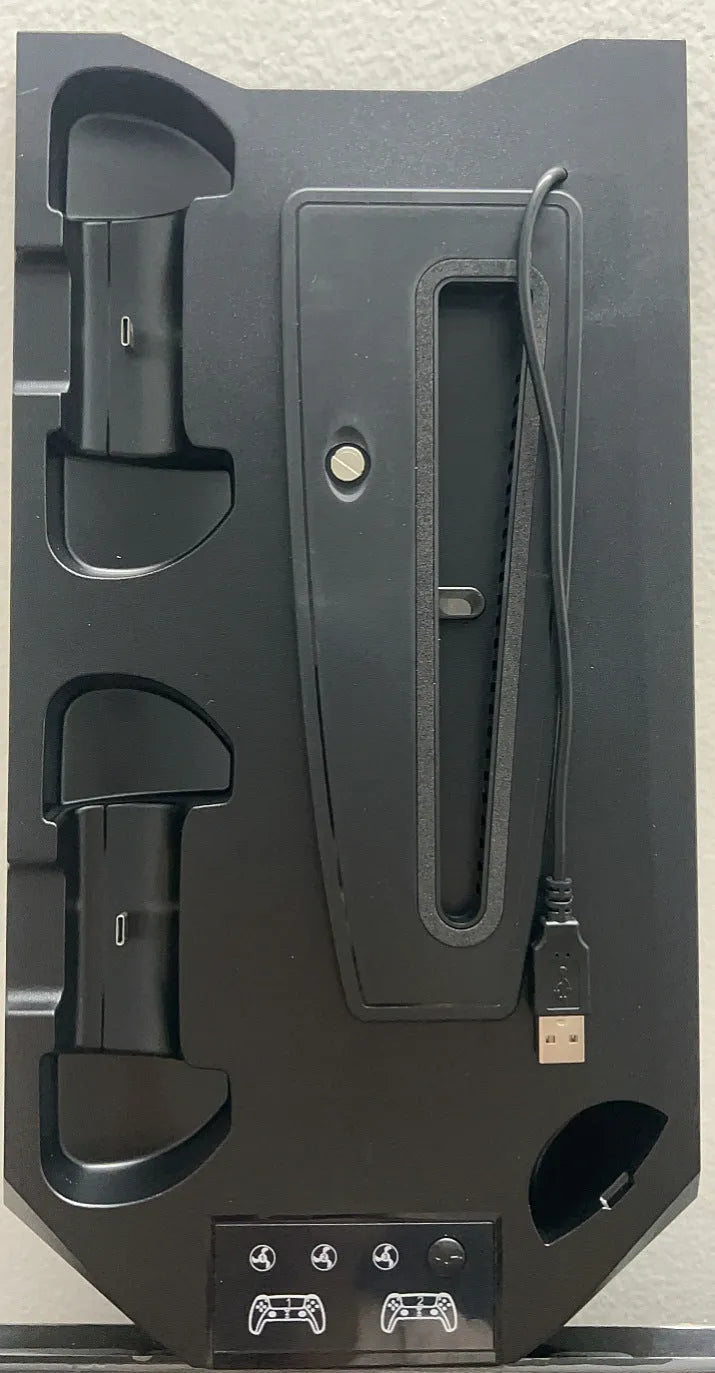 White PS5 charging base radiator with controller and headset storage compartments