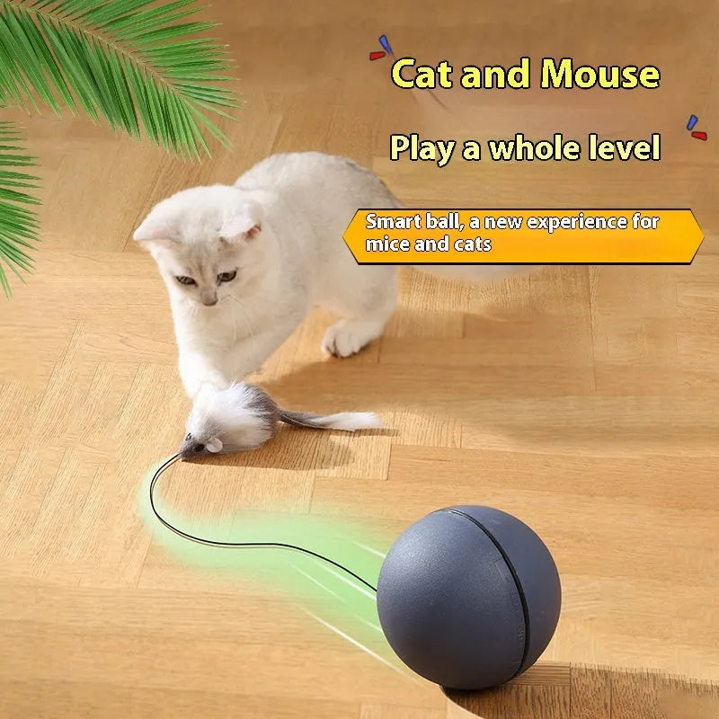 Automatic rolling cat toy with plush mouse on a hard floor