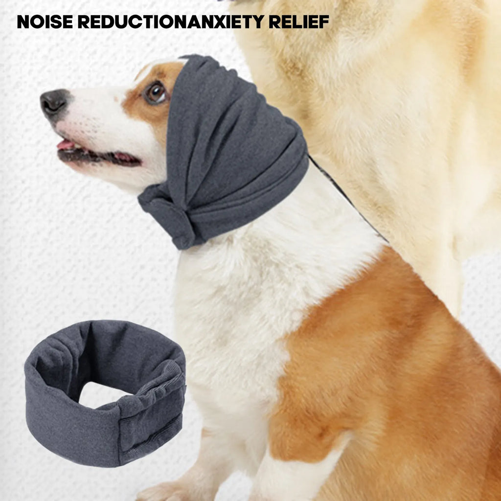 Dog wearing calming hoodie with ear covers in soft polyester fabric