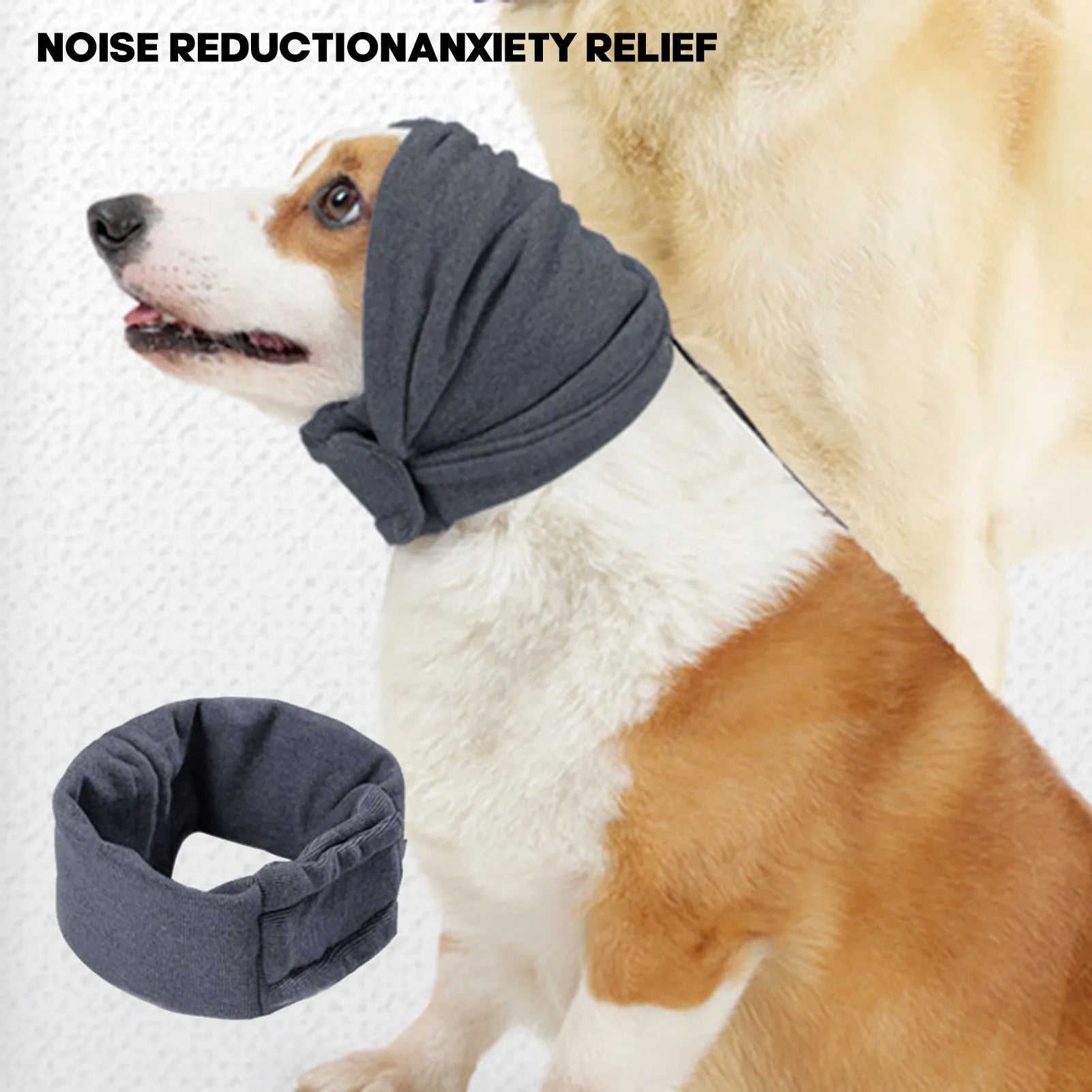 Dog wearing calming hoodie with ear covers in soft polyester fabric