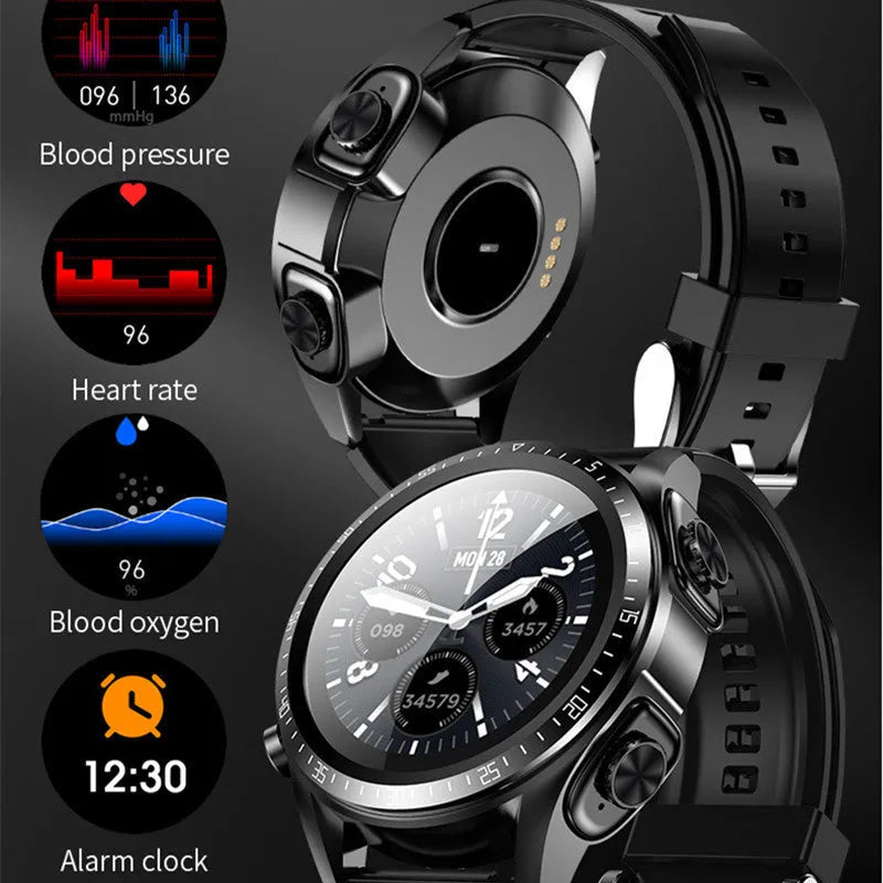 Black stainless steel round dial smart watch with heart rate monitoring and Bluetooth call feature