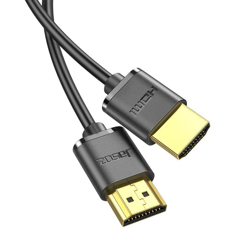 Gold-plated HDMI to HDMI computer connection cable with thin flexible black jacket.