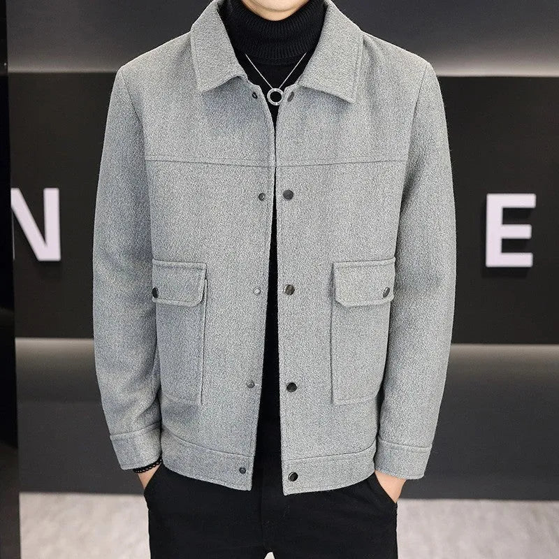 Casual polo collar jacket in cotton blend fabric showing side seam pockets and regular sleeve design