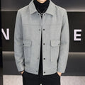 Casual polo collar jacket in cotton blend fabric showing side seam pockets and regular sleeve design